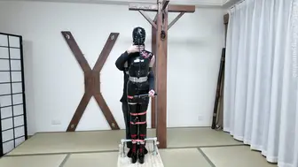 鹿角与猫爪 乳胶旗袍奴隶，上下洞全被填满，钢管拘束架罚站，金属镣铐并肘，尼龙紧固器绑带束腿，重型金属腰带束腰，前后上轮番刺激